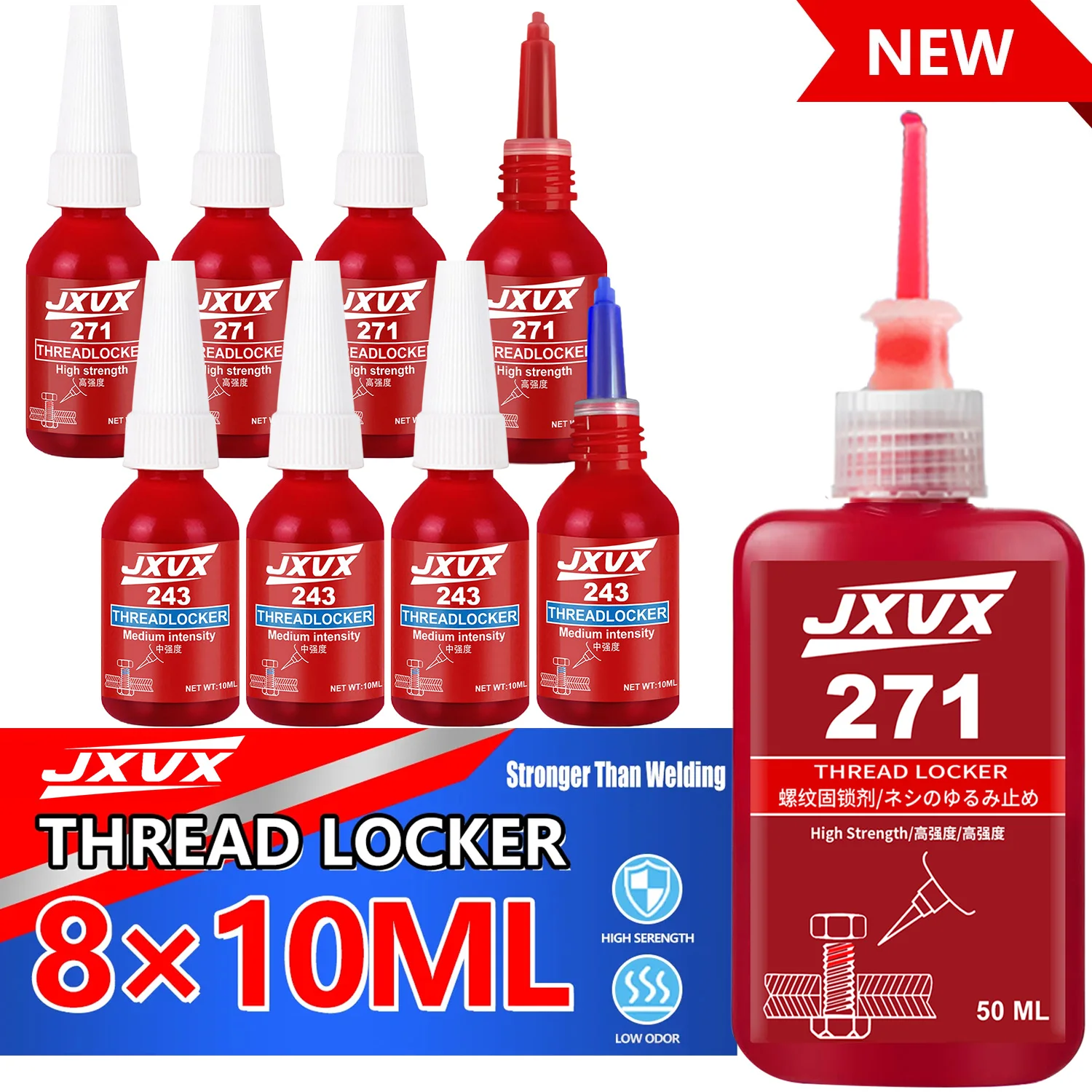 8pcs Thread Locker 243&271 Nuts-Bolts Locker, Screw Adhesive Lock Tight Seal Fasteners Anaerobic Curing Metal Glue,Rustproof Removablefor industrial machinery metal fasteners 10ml-50ml.