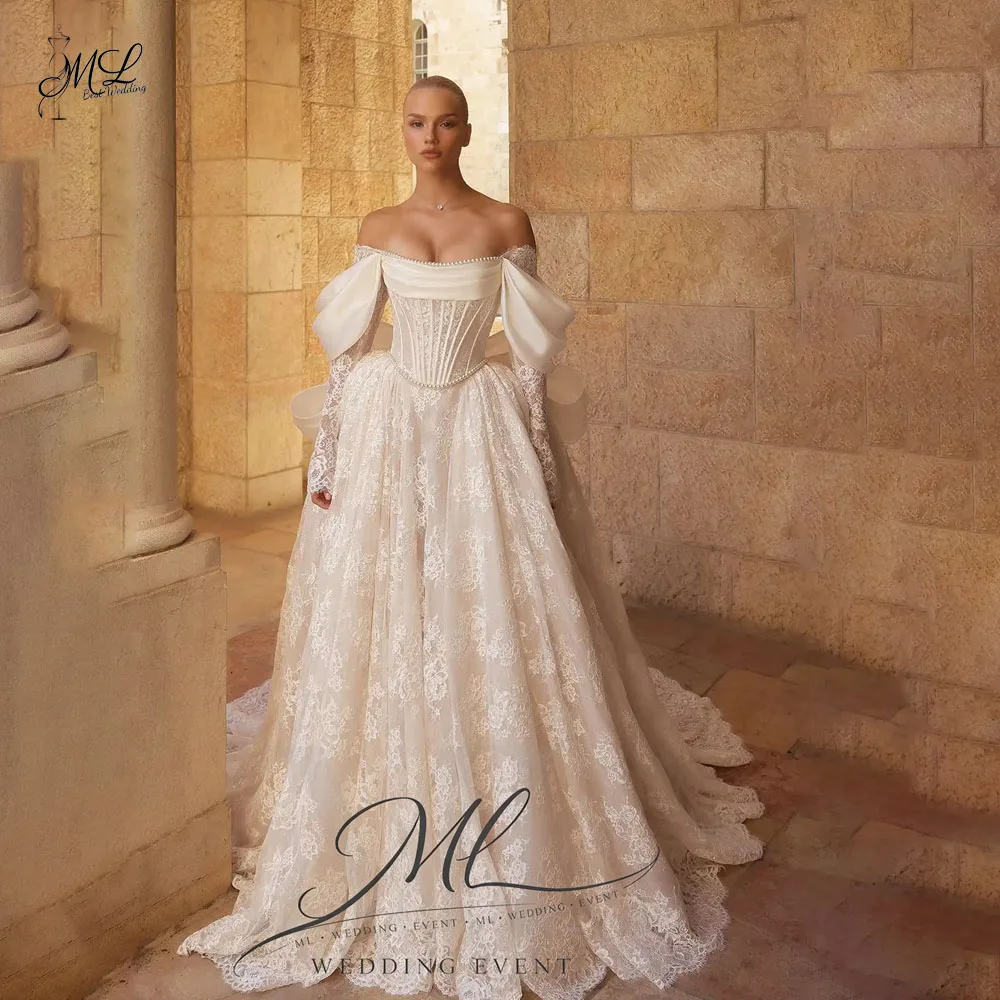 

ML Customized Graceful Off the Shoulder Wedding Dresses Beaded Lace Appliques A-Line Princess Bride Gown Vestido De Novia