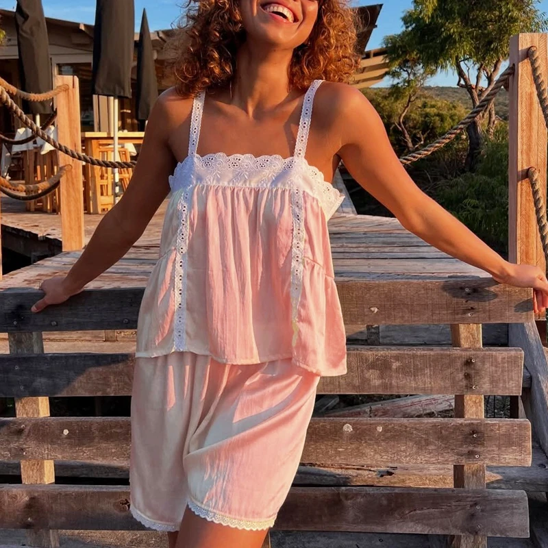 

Vintage Satin Matching Suit Fairy Cottage Eyelet Sleeveless Babydoll Camis Crop Tops + Lounge Shorts Women Kawaii 2 Piece Set