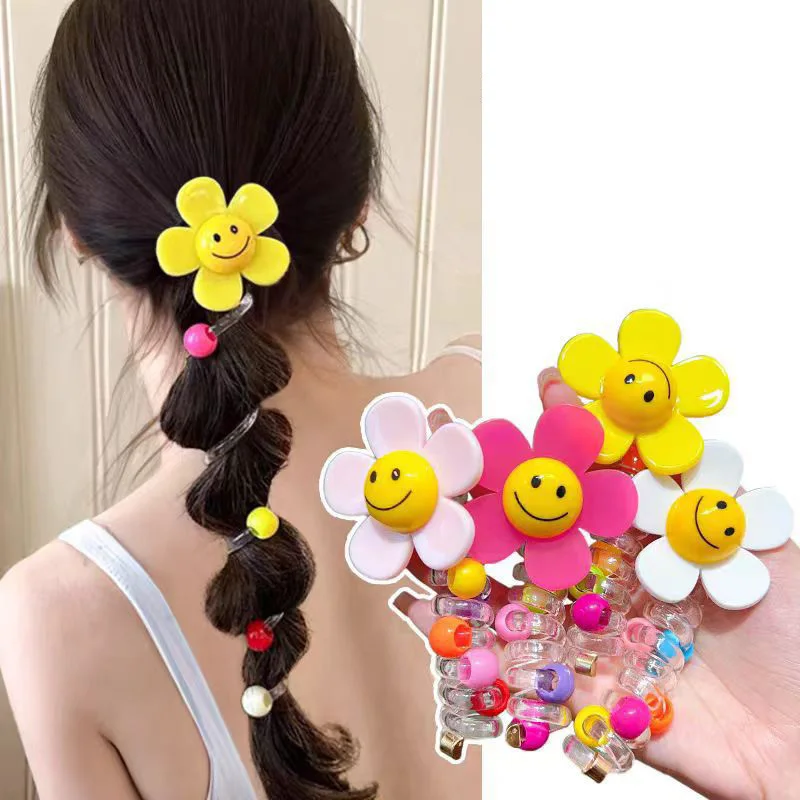 

1PCS New Beaded Big Flowers Lovely Elastic Spiral Hair Rope Head Rope Ponytail Hair Ring Rubber Band Headdress For Kids