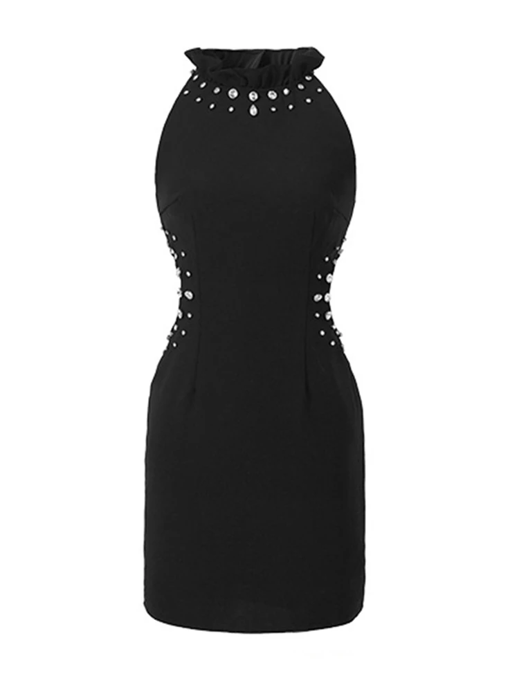 Vestido corto de noche para Mujer, prenda de lujo con diamantes negros, ahuecado, Sexy, sin mangas, ajustado, para fiesta y graduación