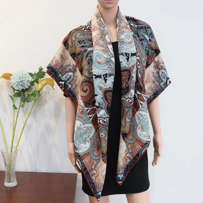 New Luxury 30% Silk 70% Wool Scarf 135x135cm Big Size Women Square Scarf Designer Floral Shawl Winter Warm Wrap Pashmina Bandana - view 6