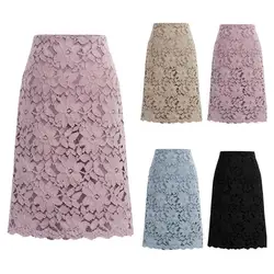 Hollow Out Lace Skirts For Women Elegant High Waist Office Lady Knee Length Skirt Casual Loose Skirt Solid Color Lace Skirt