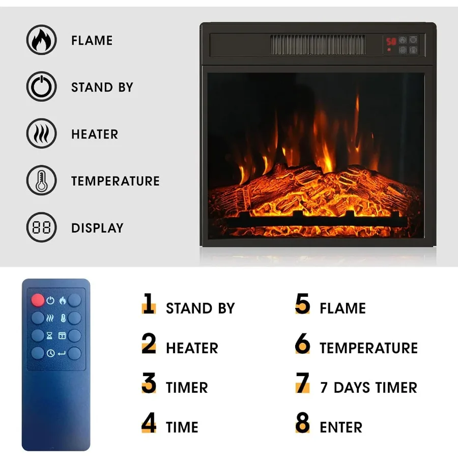 18 مدفأة كهربائية للتركيب المريح مع تشغيل منخفض الضوضاء ووظيفة مؤقت يتم التحكم فيها عن بعد وشاشة تعمل باللمس