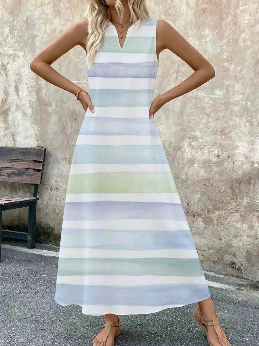 

Sleeveless Midi Dress With Pastel Blue Green Watercolor Stripes Summer Beach Outfit