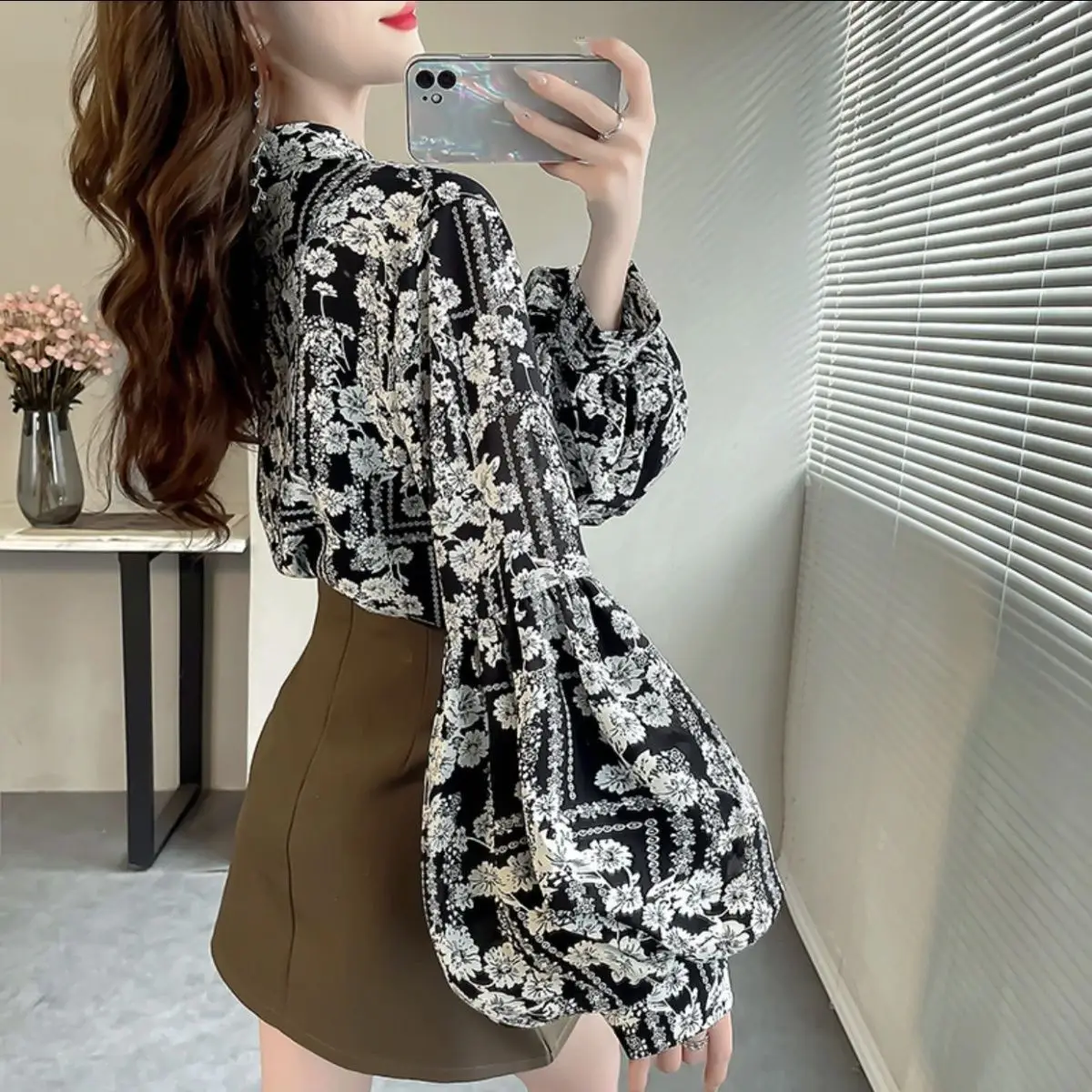 

Autumn Women Sweet Loose Chiffon Shirts Lantern Sleeve Korea Elegant Tops and Blouses Cardigan Print Floral Blusas S45