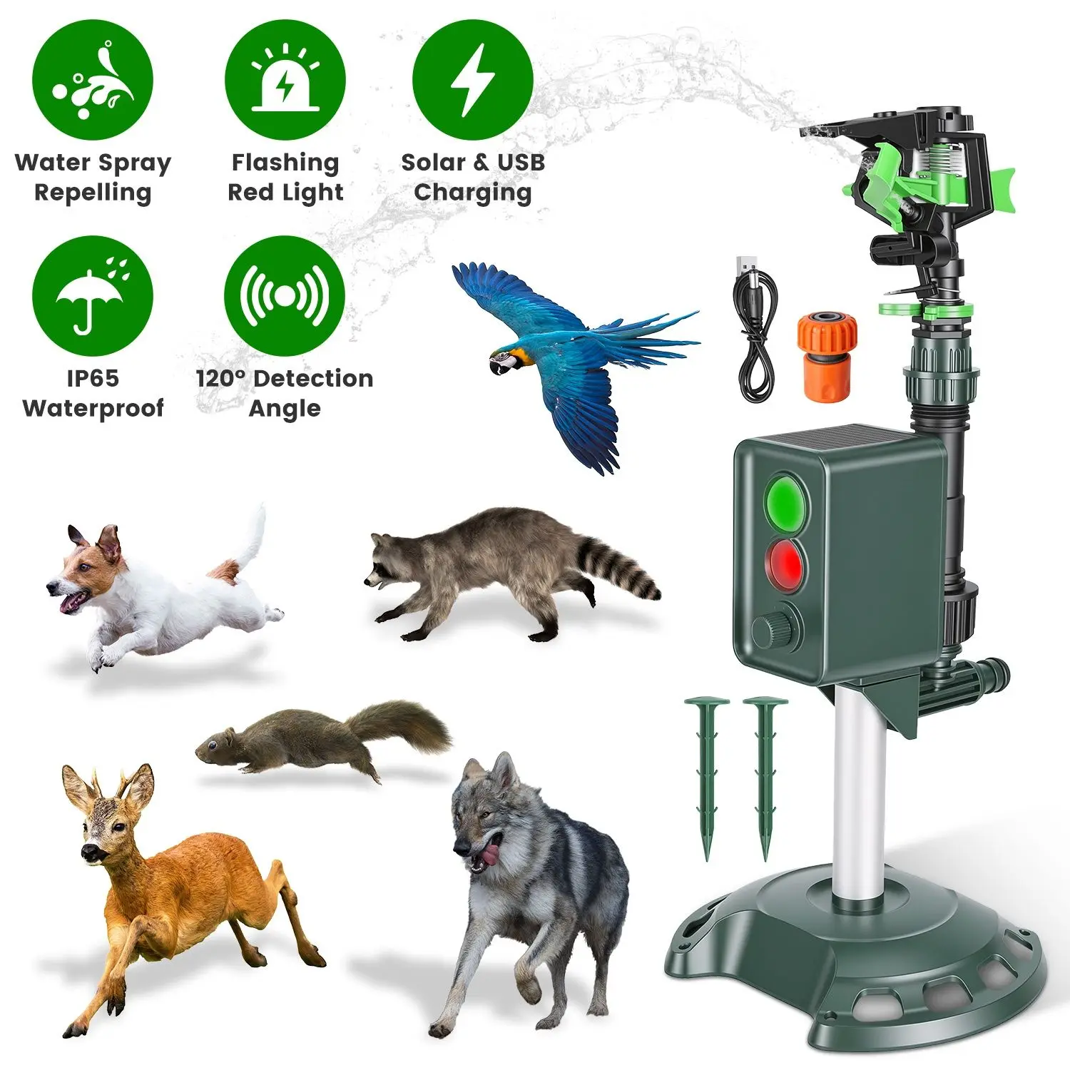 Solar Powered Motion Sensor Animal Repellent Sprinkler with Flashing Light Outdoor Animal Deterrent for Cats Dogs Squirrels Bird