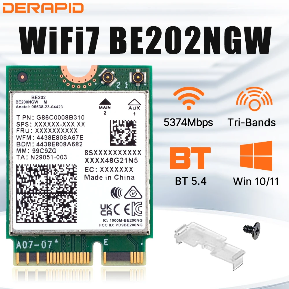 WiFi7 BE202NGW Network Card 5374Mbps Wifi Adapter Bluetooth 5.4 Tri Band 2.4G/5G/6GHz BE202 M.2 NGFF Wireless Adapter Win10/11