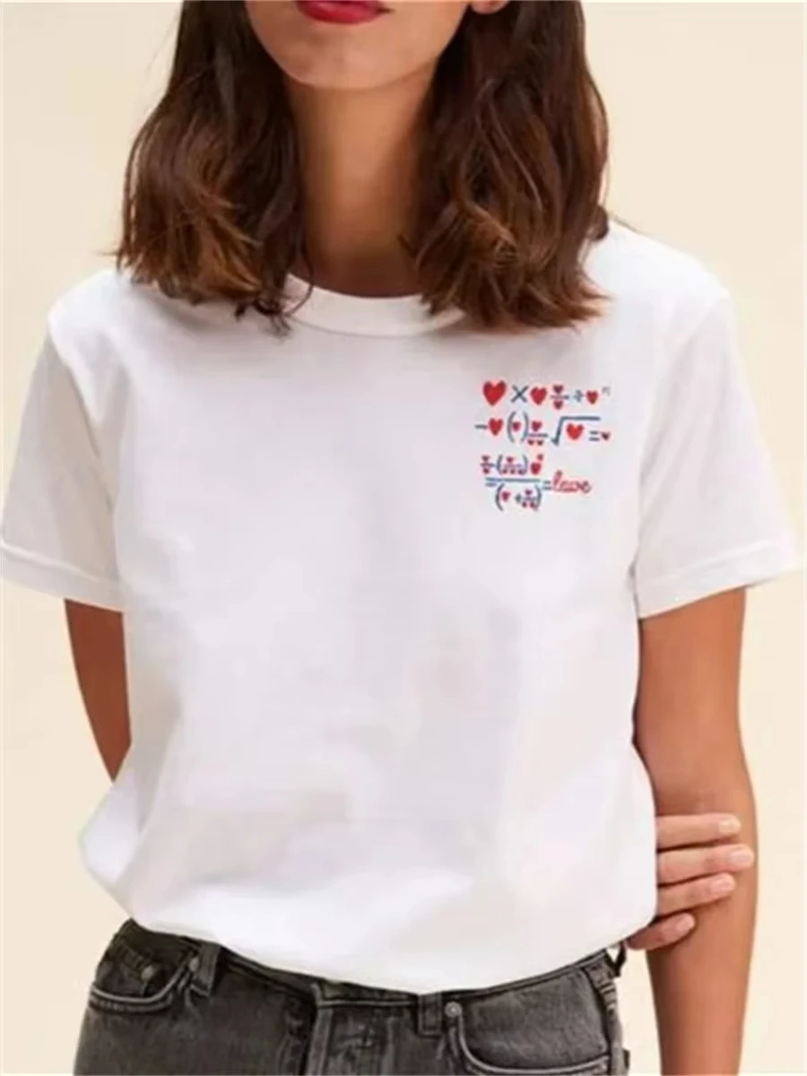 

Women's T-shirt with Red Heart-shaped Print, White Short-sleeved Loose and Simple, 2025 Summer Women's O-neck Loose Top