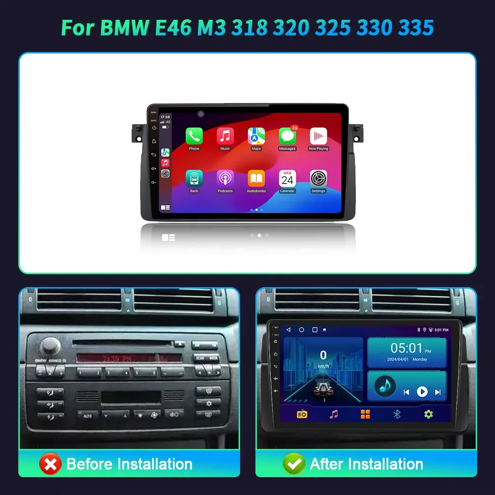 Car Radio Android 14 For BMW E46 M3 318 320 325 330 335 1998-2006 Wireless BT Carplay Multimedia Player GPS Navigation Autoradio