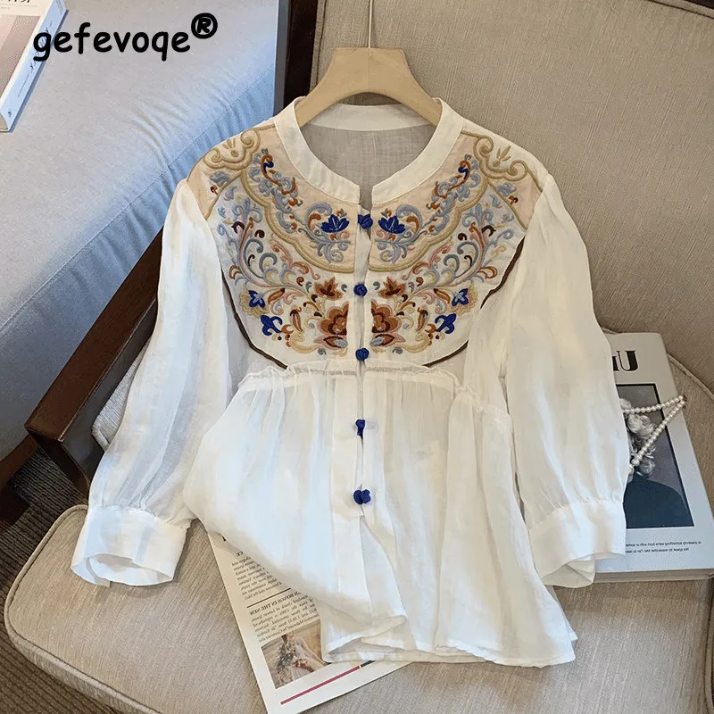 Autumn Women\'s Vacation Casual Vintage Ethnic Style Embroidery Chic Oversized Blouse Top White Long Sleeve Loose Shirt Cardigan