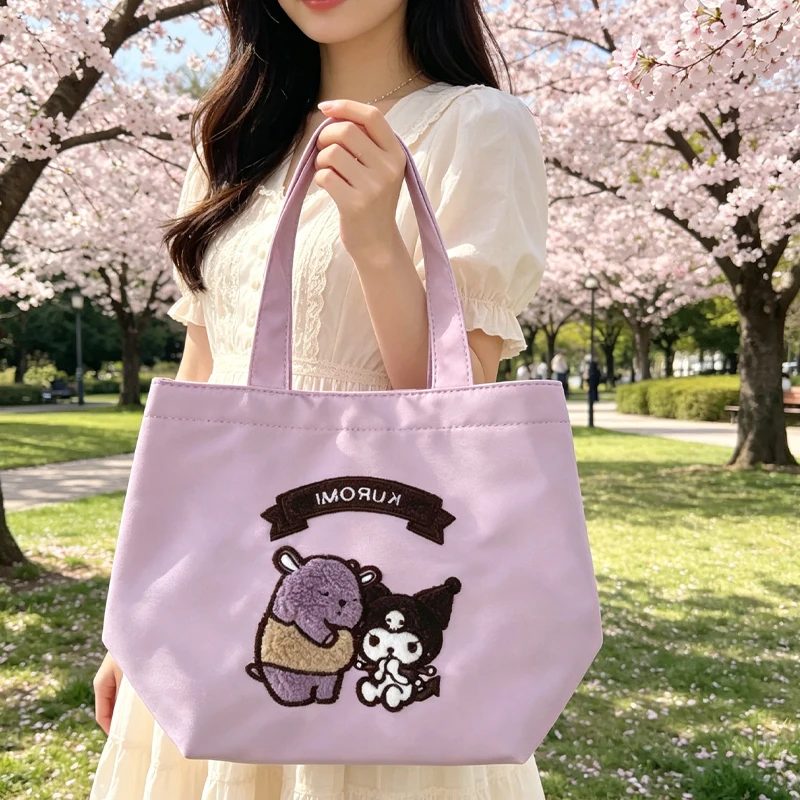 Kawaii Hello Kittys Handbag Nylon New Cute Cartoon Embroidery Small Portable Hand-Held Lunch Box Bag Girl Kids Luggage