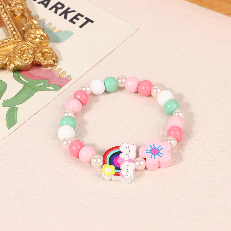 50Pcs Cartoon Wooden Beads Bracelet For Children Girl Baby Shower Guest Pinata Fillers Birthday Party Favors Gifts