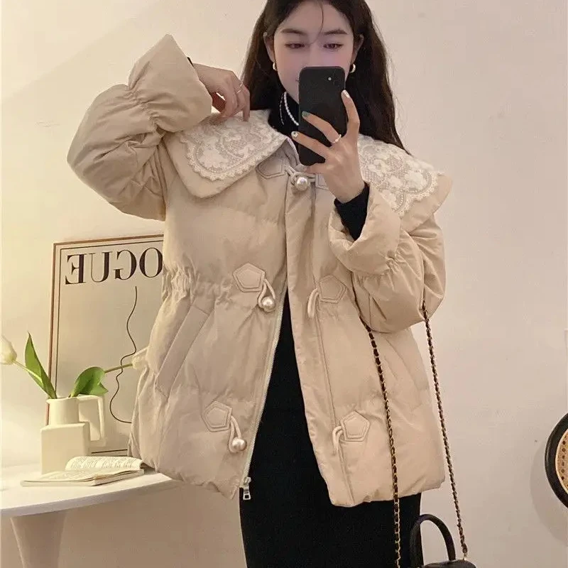 Women's Padded Coat Lace Solid Color Quilted Jacket Cotton Lady Parka Elegant Great Demi-season Luxury Offers Fashion 2024 Thick