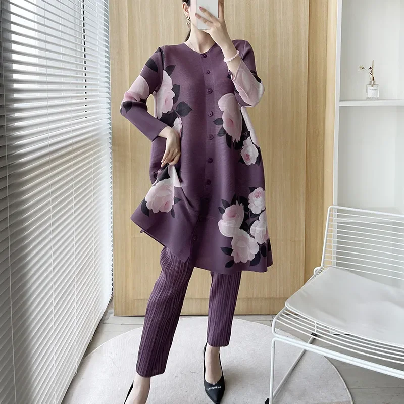 

Luxury Fashion Floral Print 2 Pieces Set Womens OutfitsSingle-breasted Shirt Wide Leg Pants Loose Blouse Vacation Lady's Suits