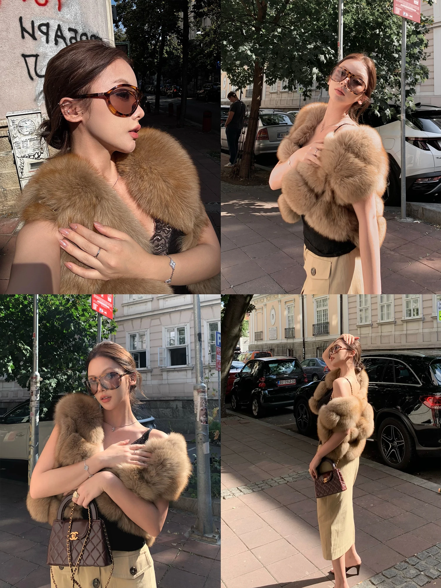 سترة فراء الثعلب المستوردة من Moonlight Milk Fox للنساء، حرفية مرقعة، سترة فرو بياقة فواكه خضراء للنساء