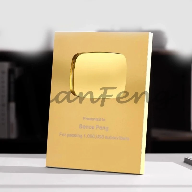 Customized Aluminum Carving Printing Trophy Flat Gold Plated Silver Plated Shield Play Button Honor Business Gift Award