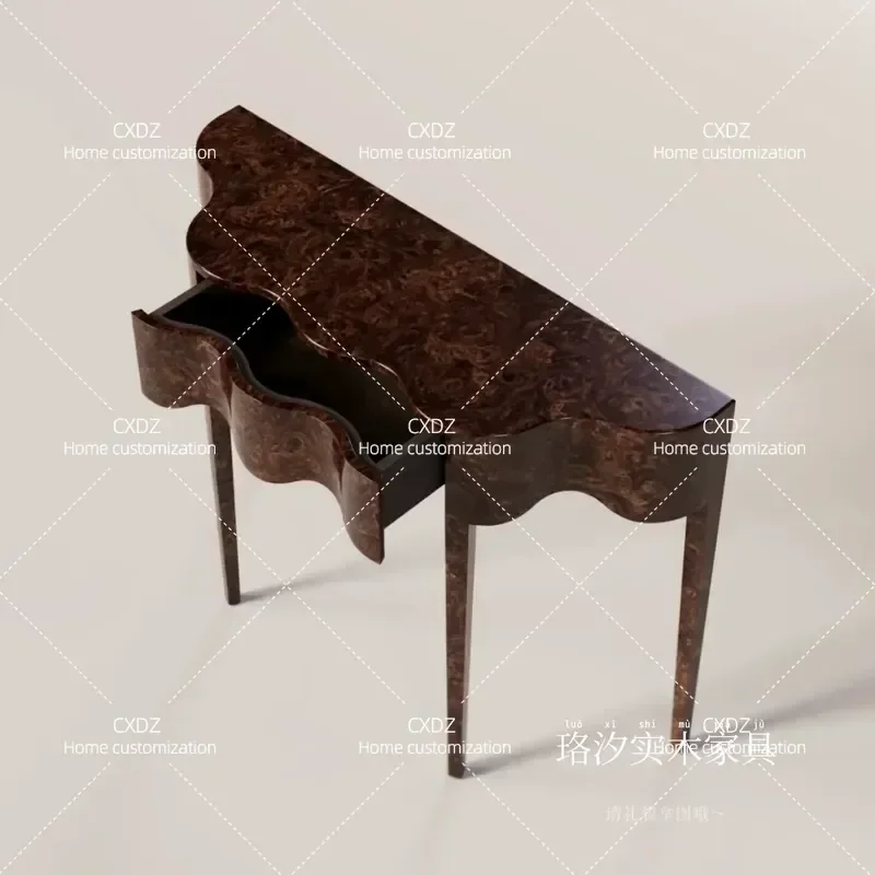 Retro Solid Wood Semi-Circular Entrance Table Walnut Carved Wall Console Leather Art Decorative Hallway Table