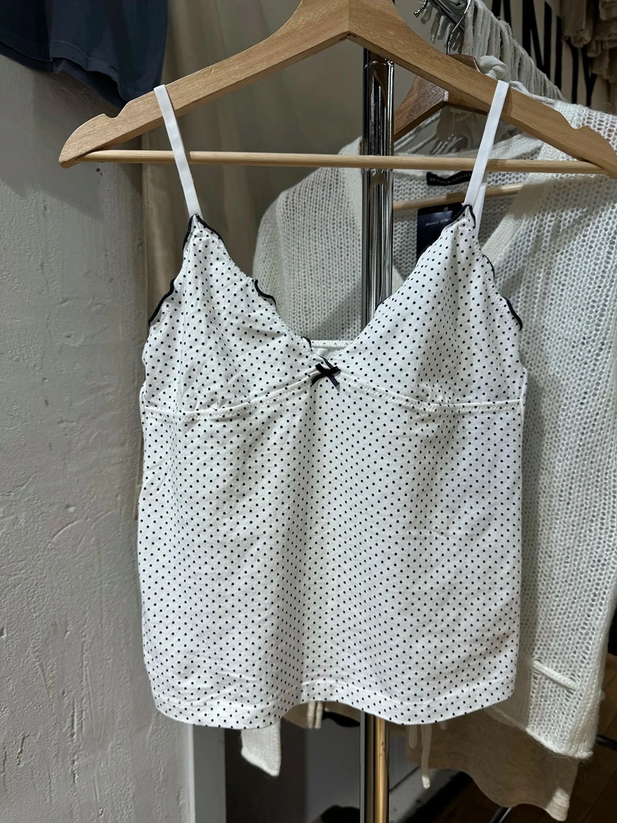 New Black Dot Bow Slim Crop Top Women Summer Fungus Trim V-neck Sleeveless Camisole Sweet Cute Preppy Style Cotton Tank Tops Y2k — zdjęcie 3