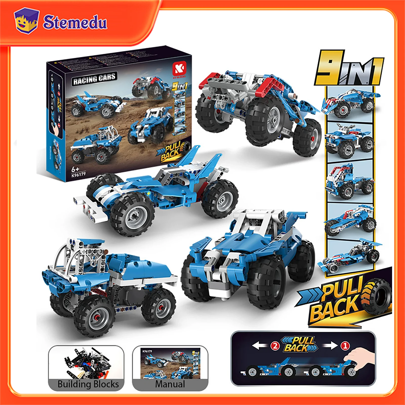

252pcs 9 in 1 Multi-Transform Rebound Stunt Car Building Blocks Toys Creative Assembly Model 96179 Pull Back Stunt Cars Bricks