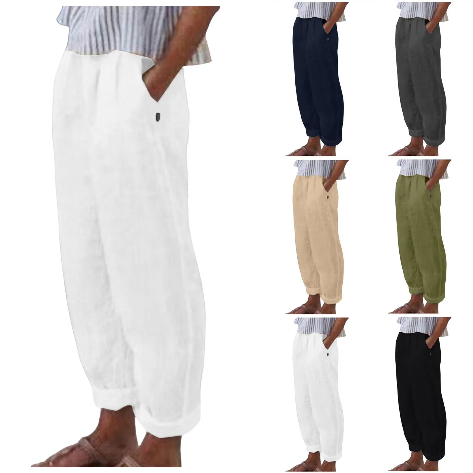

2024 Women Cotton Linen High Waisted Wide Leg Pants Fashion Drawstring Elastic Trousers Comfy Straight Womens Casual plus Size