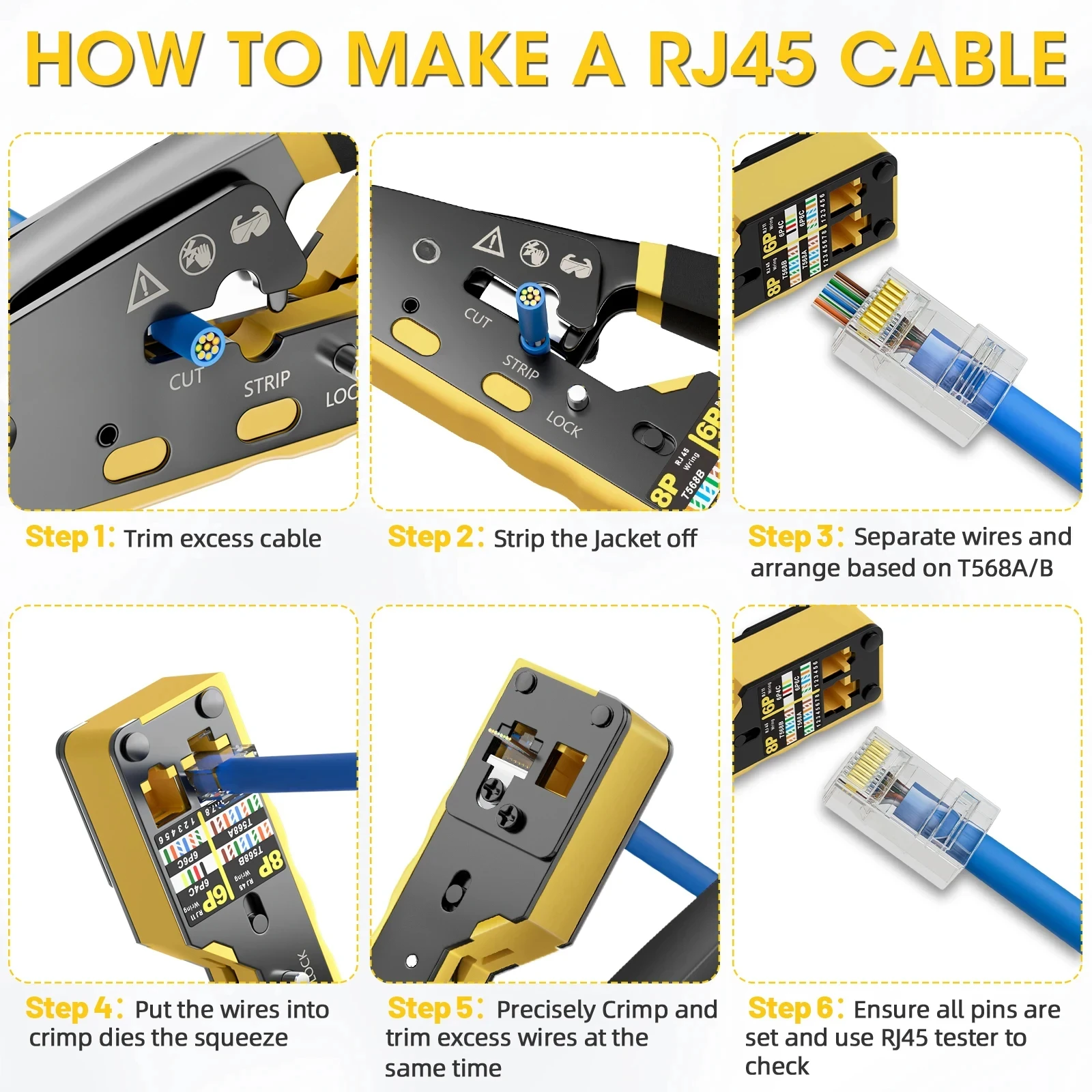 

RJ45 Crimp Tool Pass Through Ethernet Crimping Tool for Cat6 Cat5 Cat5e Wire Cutter Crimper Connectors with Replacement Blade
