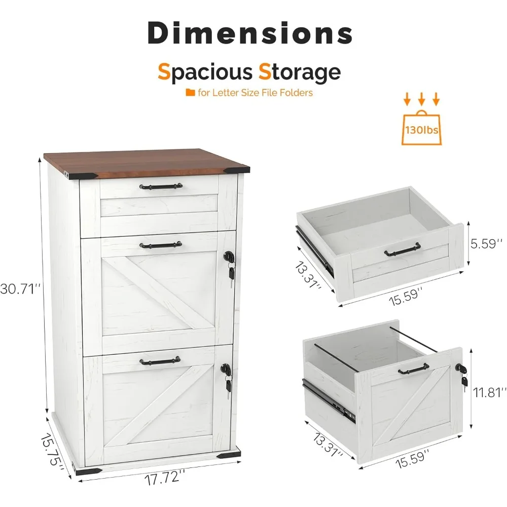Archivador de tamaño carta de 3 cajones estilo granja moderno con cerradura para organización de oficina en casa