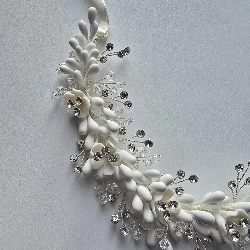 SLBRIDAL Handmade Flexible Soft Rhinestones Crystals Ceramic Flower Bridal Tiara Headband Wedding Crown Women Headdress  Jewelry