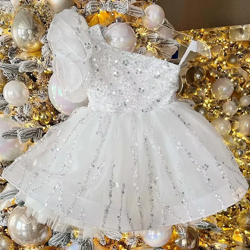 

Girls Puff Mesh Sleeve Square Neck Tulle Dress Sequin Detailing Formal Occasion Wedding Flower Girl Birthday Wear