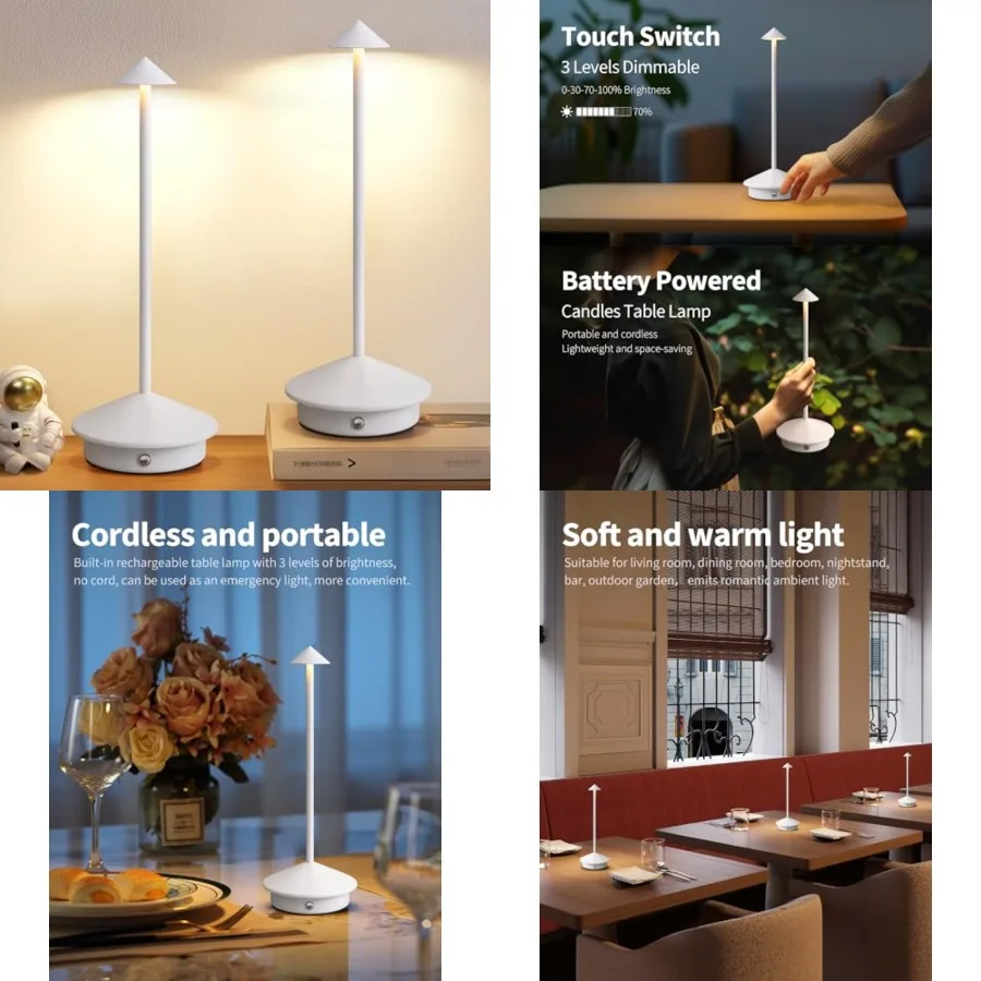 Modern Cordless Table Lamp Set of 2, Portable LED Desk Lamps, 5000mAh Rechargeable Battery Operated Lighting for Bedroom Dining