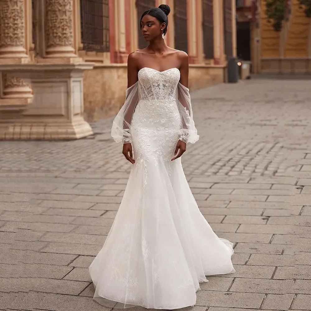 Lussuoso nuovo abito da sposa a sirena con delicate maniche a sbuffo sexy abito da sposa da spiaggia con decalcomania a cuore con spalle scoperte