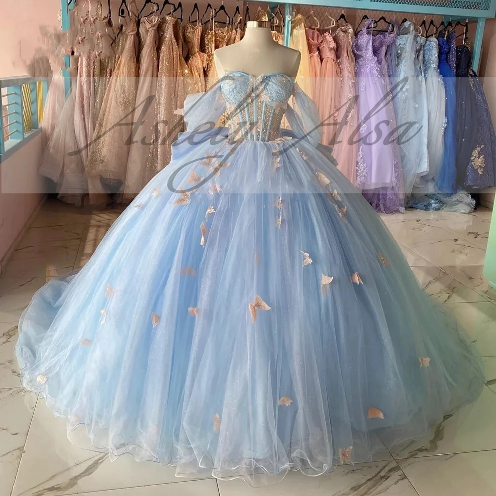 Customized 2025 Mexican Sky Blue 15 Year Old Girl Birthday Party Dress Illusion Butterfly Puffy Skirt Sweet 16 Quinceanera 14