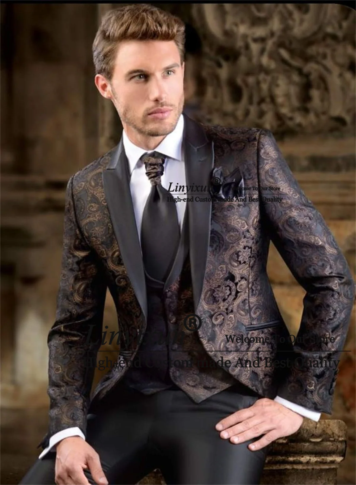 Ternos florais masculinos de casamento, lapela pontudo, blazers masculinos de baile, roupas, fantasia slim fit, sing do noivo, moda, conjunto 3 peças