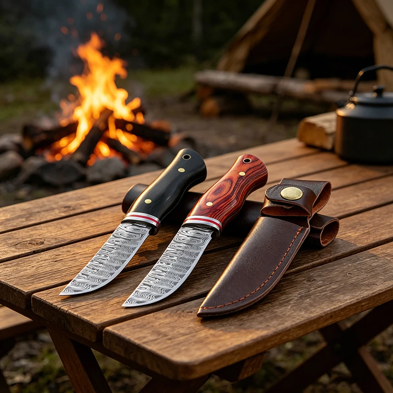 Handmade Damascus Pattern Fixed Blade Hunting Knife with Wood Handle Outdoor Camping Survival EDC Utility Knife