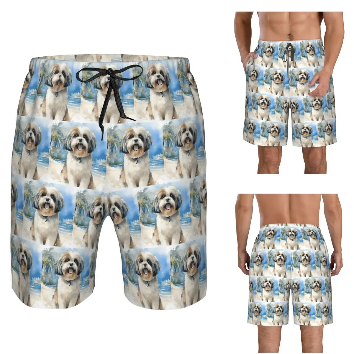 Shih Tzu On The Beach Trunks Beach Board Shorts Casual Quick Dry Swim Summer Men Pants
