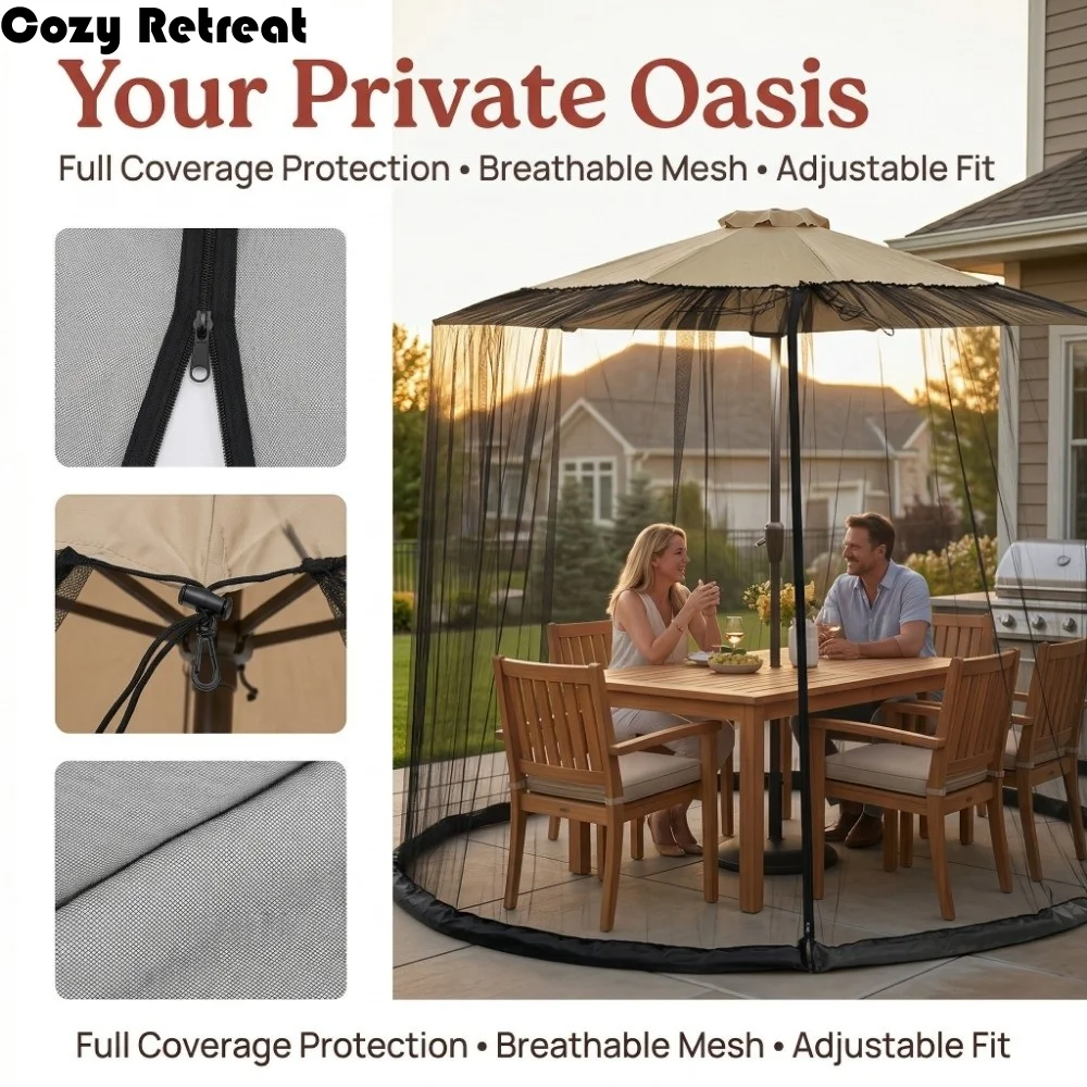 

Easy Installation Patio Umbrella Netting Bug Protection Polyester Mesh Outdoor Canopy Netting Adjustable Elastic Cord