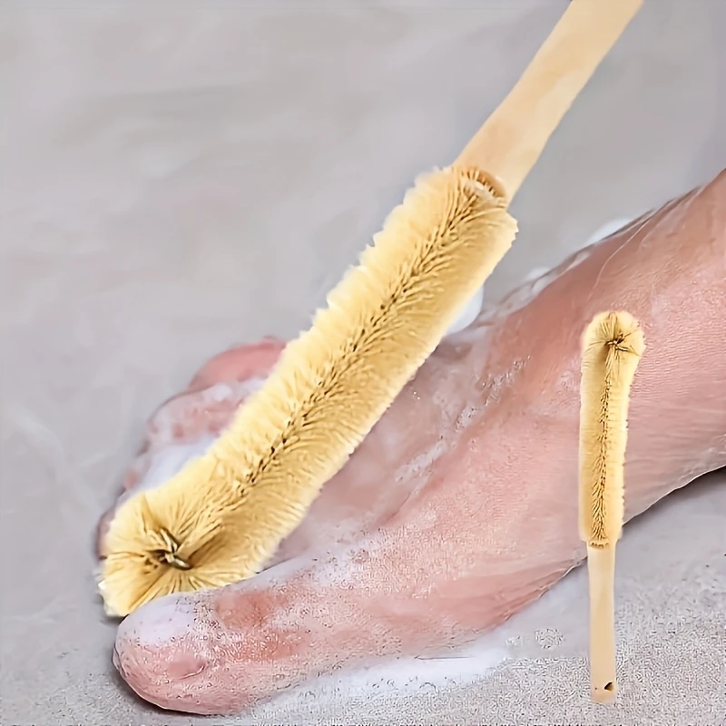 Long-Handled Non-Slip Grip Foot Cleaning Brush with Hook - No-Bend Toe Brush, Adult Bathroom and Foot Care Tools, Light Beige -