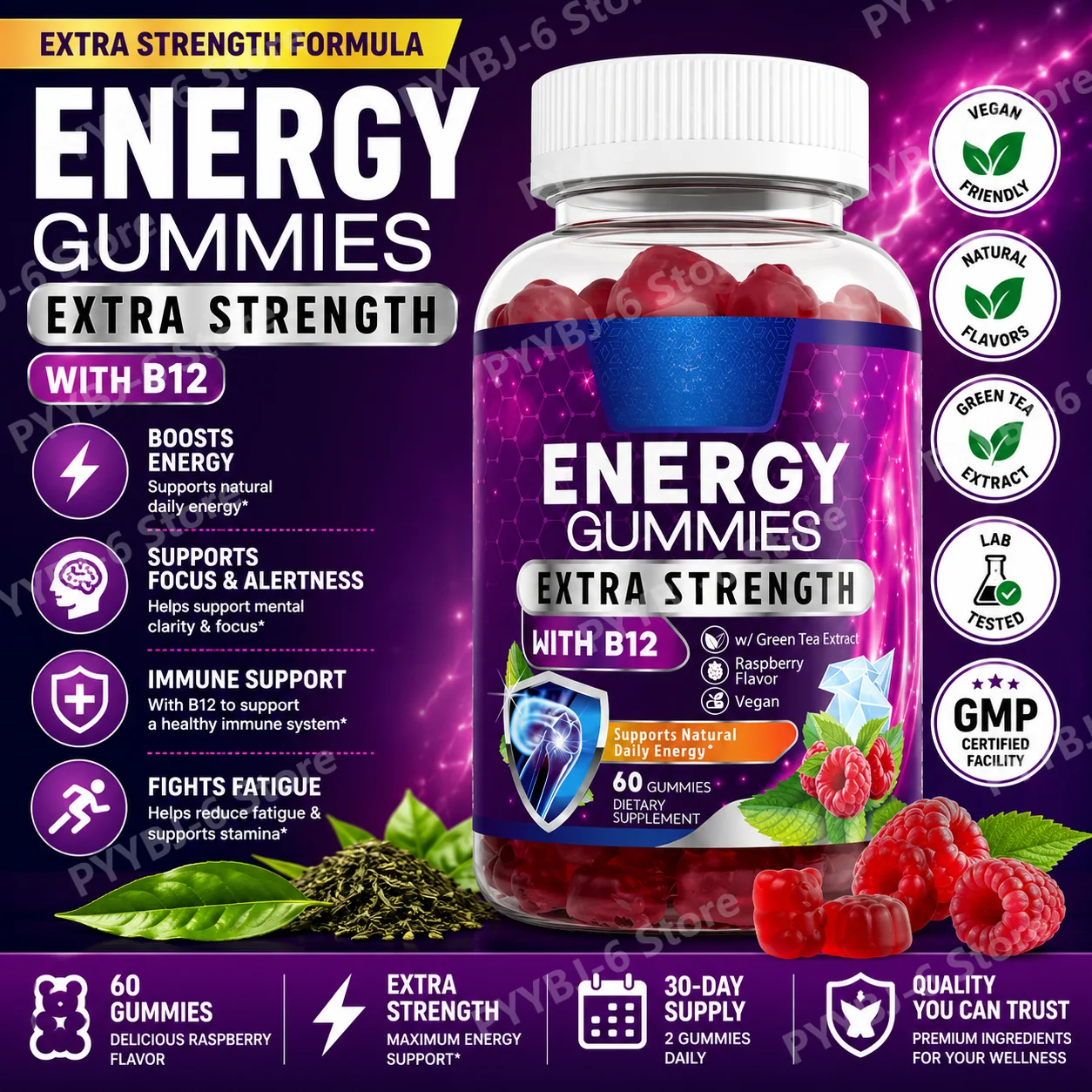 

Daily Vitamin B12 Gummies Green Tea Extract Berry Flavor Vegan Friendly Non-GMO Adult Energy Support Supplement 60 Gummies