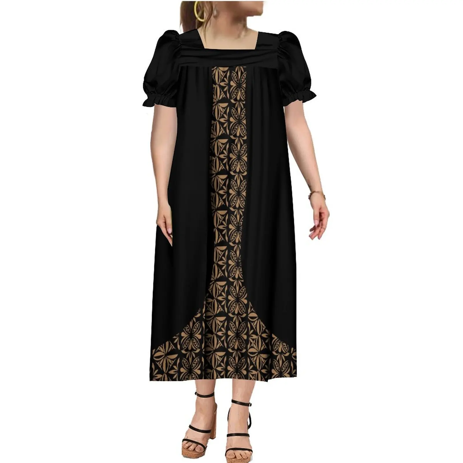 2023 Women'S Short Sleeve Dress Muumuu Micronesia Tribe Traditional Ethnic Square Collar Long Dress 