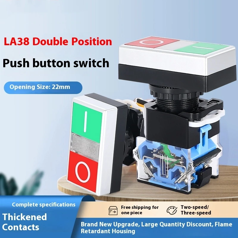 

Двухпозиционный двухголовочный кнопочный переключатель с самосбросом, красный и зеленый свет LA38-11D/RG, переключатель с плоской головкой, 22 мм