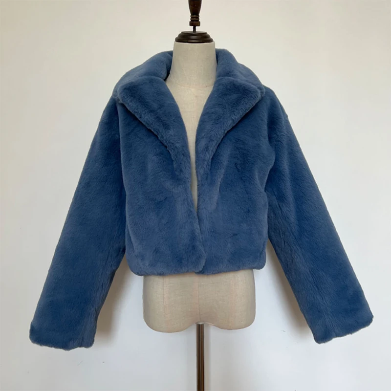 Casaco de pelúcia de coelho falso feminino, outwear curto, azul, ins chic, moda de rua, meninas, nova tendência, inverno, 2023