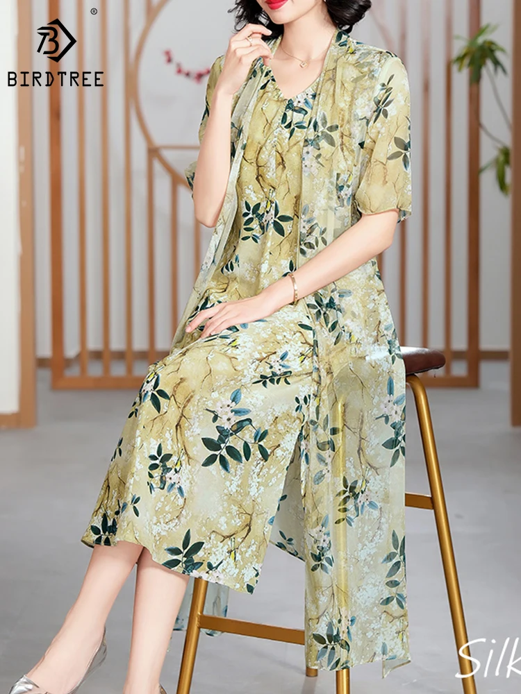 BirdTree 100%Real Silk Dresses Women,V-Neck Short Sleeves Floral Print,Slim Elegant Retro A-line Dress,2024 Spring D42240QD