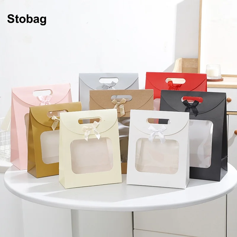 

StoBag 12pcs Kraft paper Gift Tote Box with Window Flipped Bow Packaging Cake Candy Storage Baking Pouch Birthday Party Favor