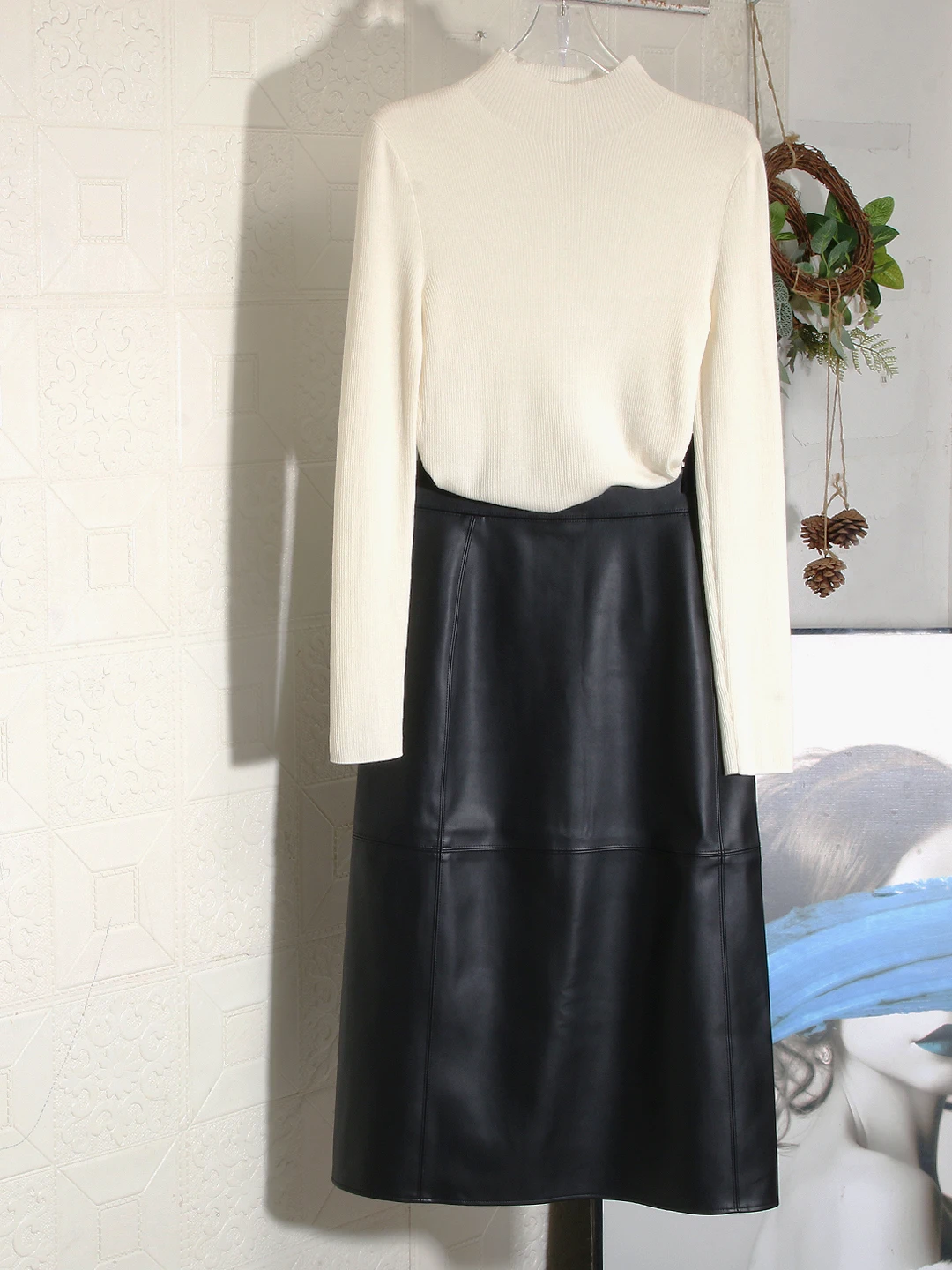 

Ele Thin Retro High Quali Bla Leather f A-Line Skirt Faionable Ci Commute High Waist Slim Fit A-Line Skirt