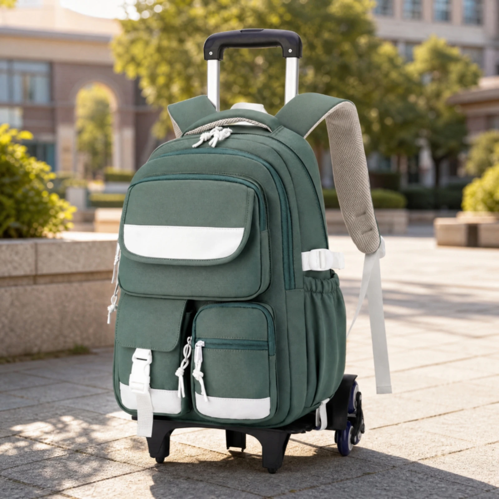 Rolling School Bag with Telescoping Handle Long-Lasting Six-Wheel Rolling School Backpack Multi-Compartment Large Capacity