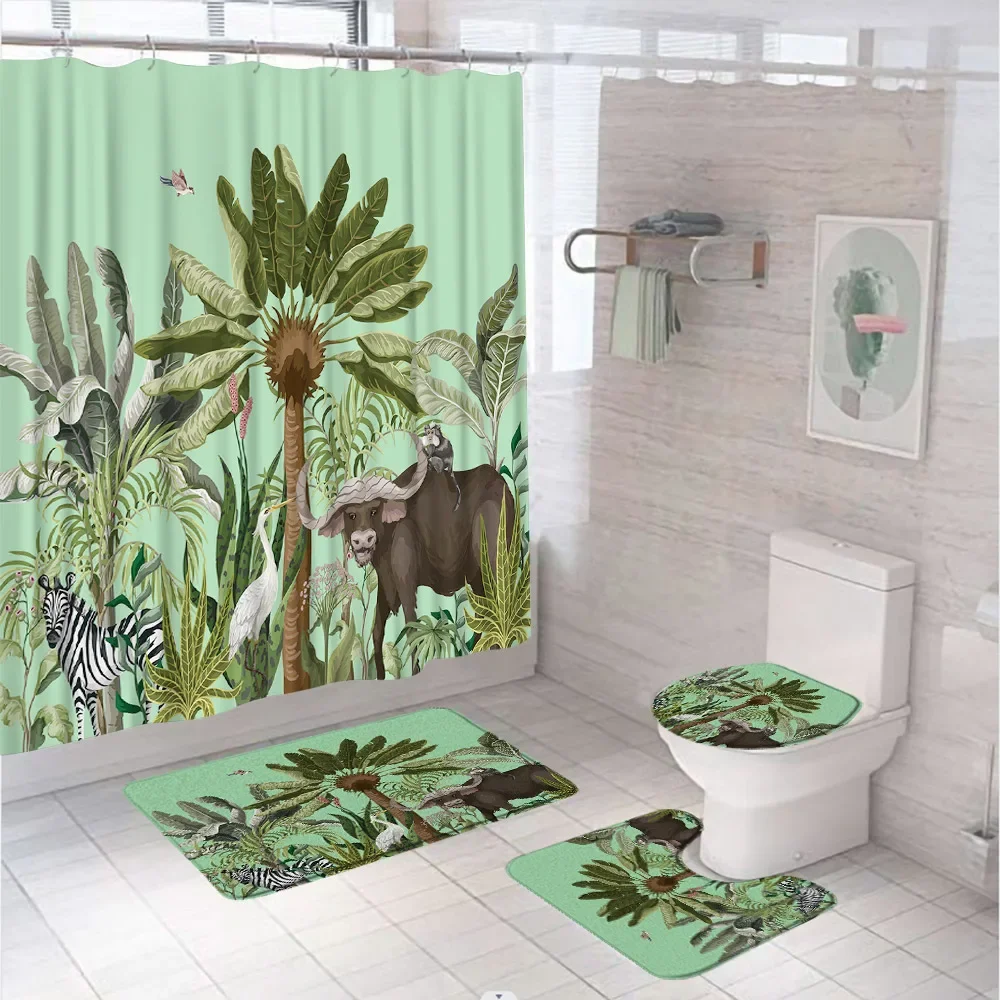 Safari Animal Bathroom Curtain Set Tropical Plants Zebra Toucan Cow Crane Palm Tree Leaves Shower Curtains Toilet Rug Bath Mats