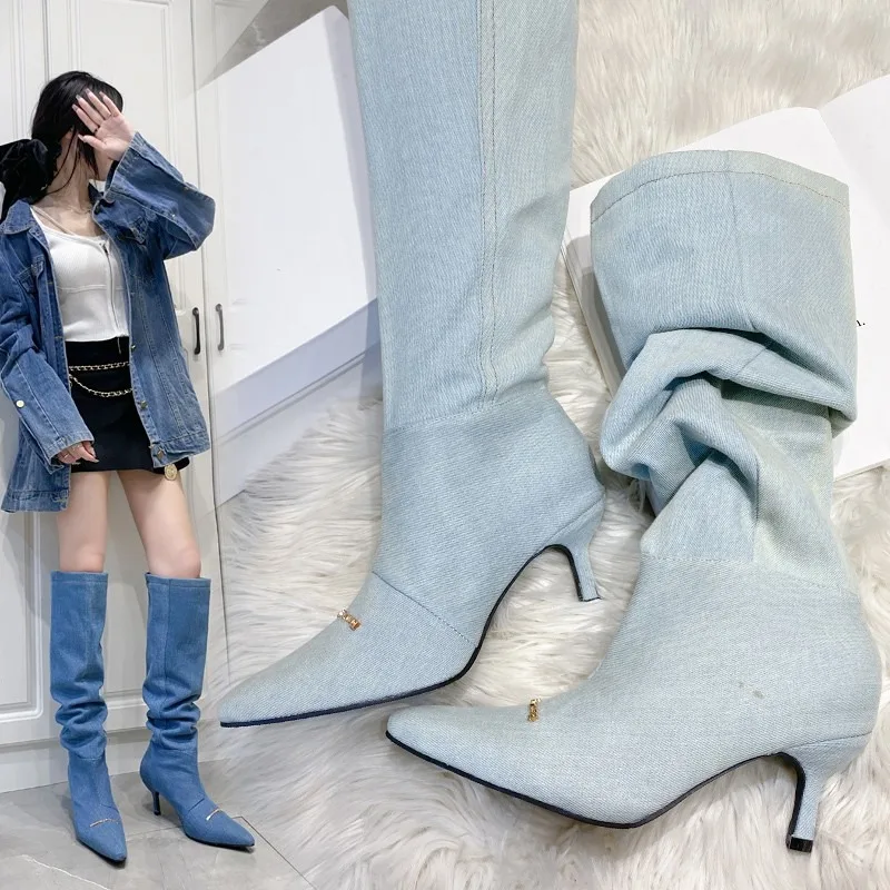 

Designer Denim Pointed Toe Pleated Special-Shaped Heel Boots Woman Spring Autumn 2025 High Heel Over-The-Knee Boots Fashion Shoe