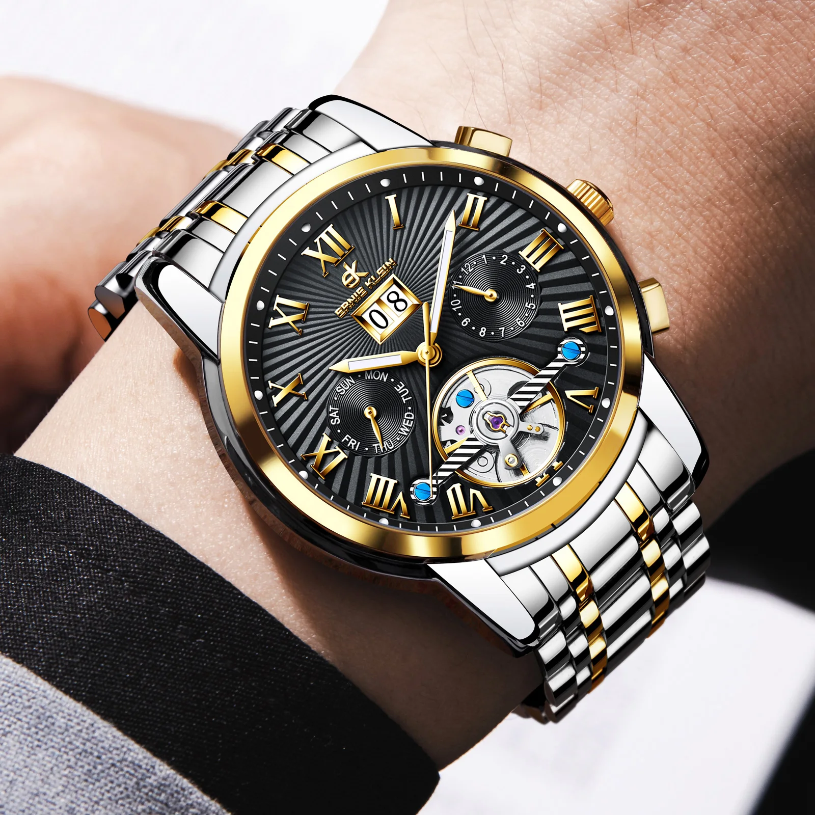 ERNIE KLEIN, reloj automático de lujo Original para hombre, relojes Tourbillon con esqueleto mecánico, reloj de pulsera resistente al agua de acero de zafiro