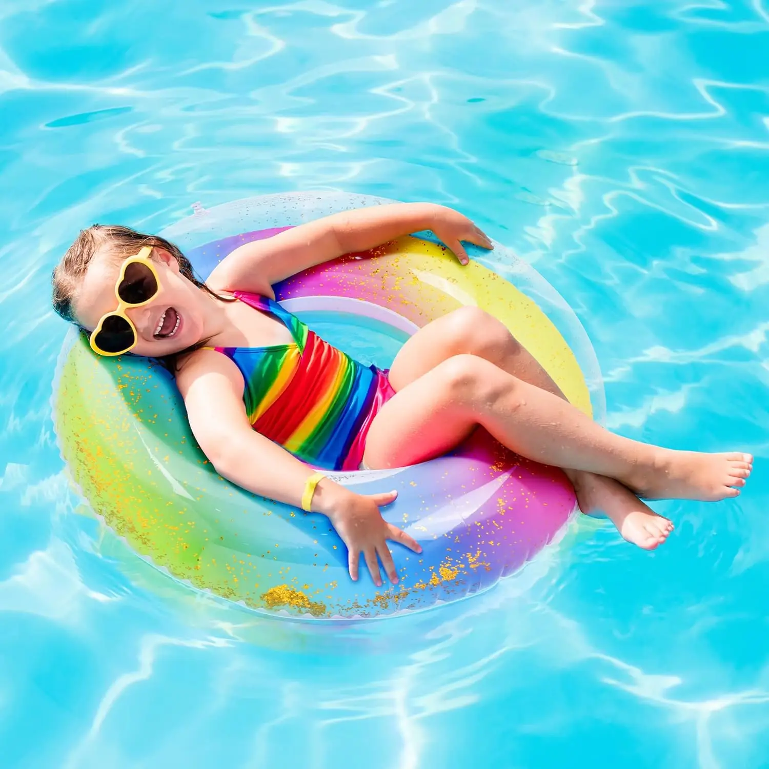 8 pièces 36 pouces flotteurs de piscine gonflables Tubes de piscine à paillettes colorées anneau de natation Transparent flotteurs de piscine jouet pour la plage d'été