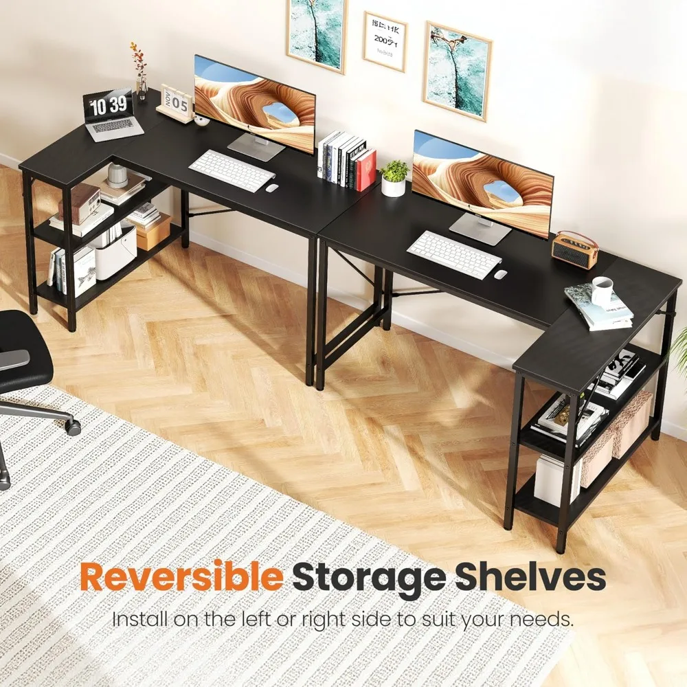 طاولة كمبيوتر زاوية مقاس 47 بوصة على شكل حرف L مع أرفف قابلة للعكس لدراسة المكاتب المنزلية